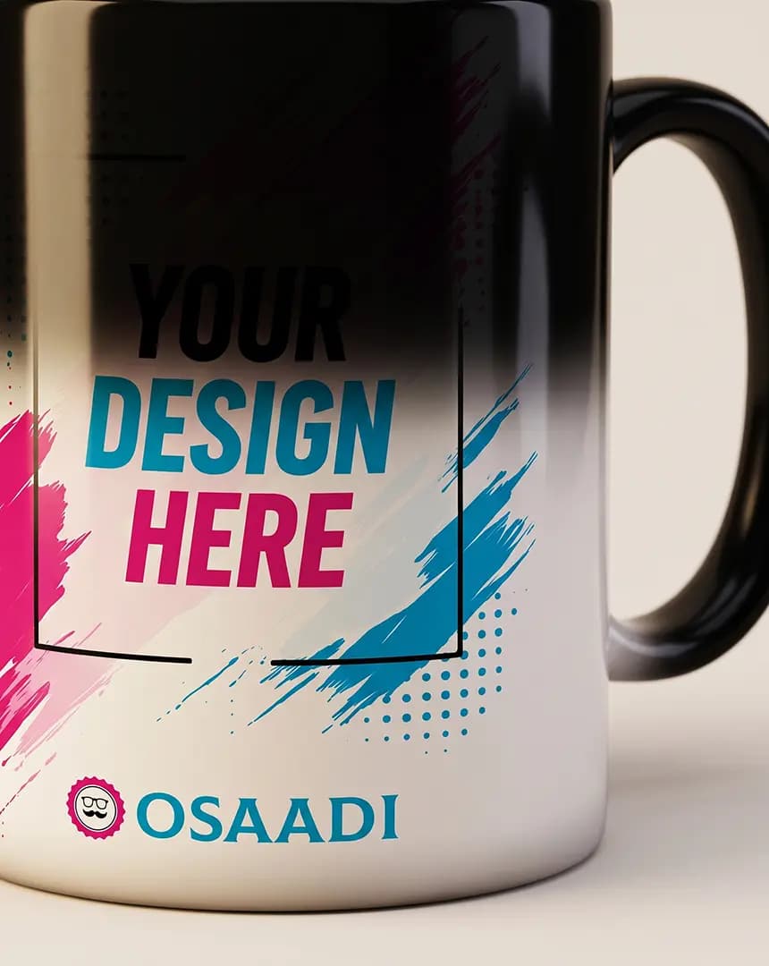 Personalised magic mug revealing colourful artwork on a contemporary Pakistani studio desk.