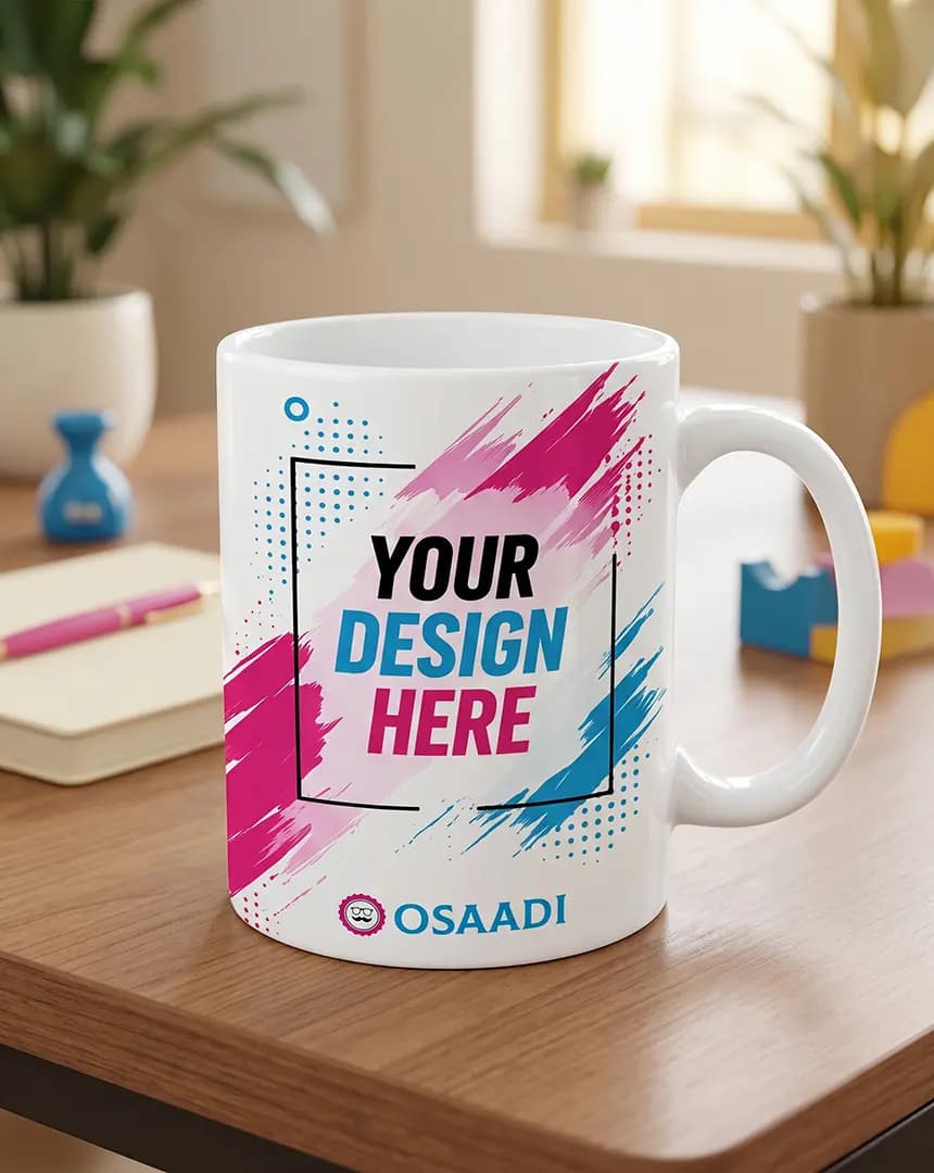Personalised white mug displayed on a contemporary Pakistani creative studio desk.