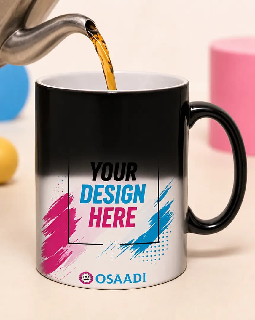 Cold colour-changing magic mug with a plain dark exterior shown in a straight-on side view.