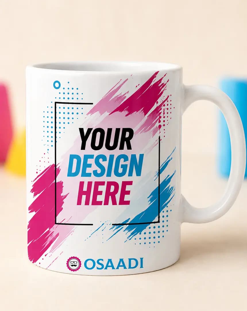 Custom printed white mug presented with Osaadi-colour accents.